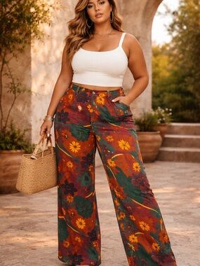 KCGH Retro Floral Wide-Leg Pants – Bold 70s Statement | Size XL